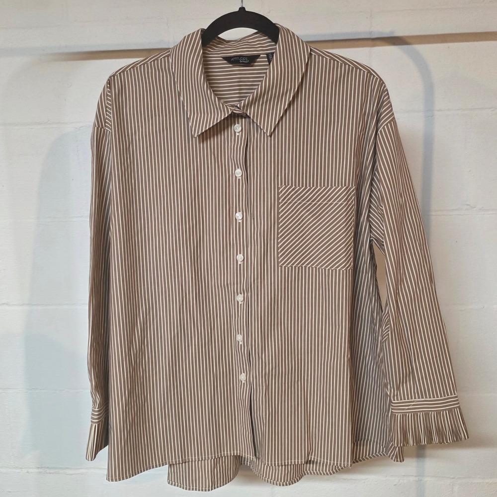 Attitudes by Renee Brown White Striped Button Shirt‎ Pleated Cuff Women XL Crisp